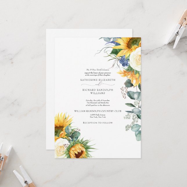 Elegant Dripping Sunflowers Floral Wedding Invitation (Front/Back In Situ)