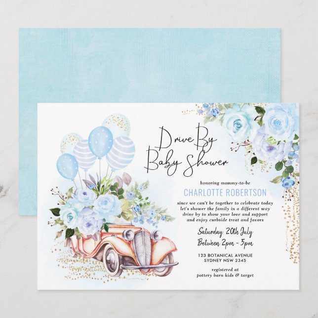 Elegant Drive By Baby Shower Blue Gold Floral Boy Invitation (Front/Back)