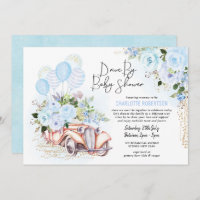 Elegant Drive By Baby Shower Blue Gold Floral Boy