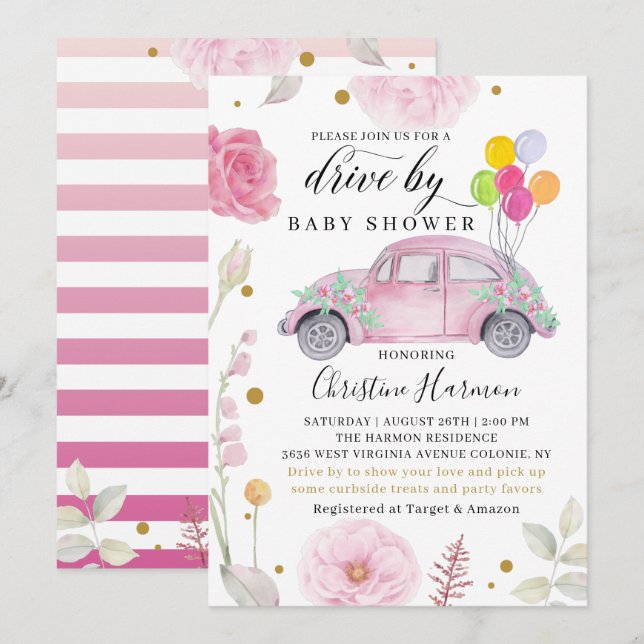 Elegant Drive By Baby Shower Parade Pink Floral Invitation (Front/Back)