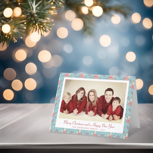 Elegant Duck Egg Blue Holly Christmas Photo Holiday Card (elegant duck egg holly personalised Christmas photo card )