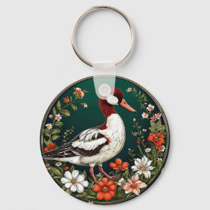 Elegant Duck Surrounded by Vibrant Flowers Key Ring