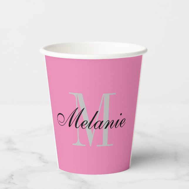Elegant dull pink name monogram personalised paper cups (Front)