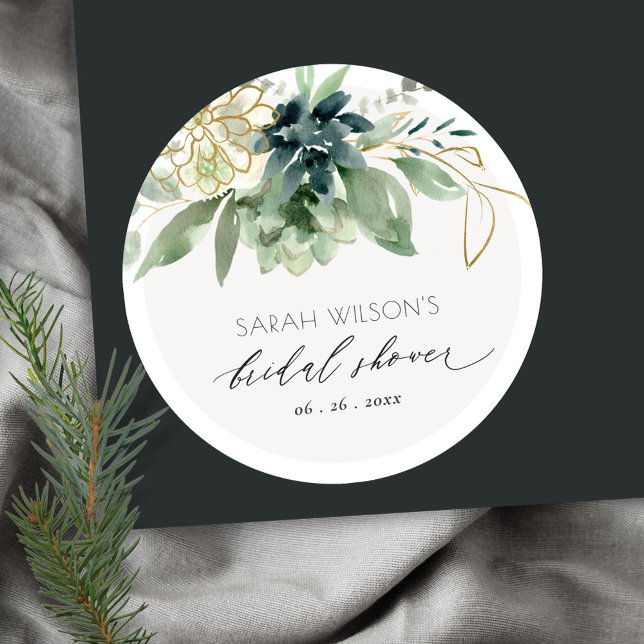 Elegant Dusky Blue Green Succulent Bridal Shower Classic Round Sticker (Creator Uploaded)