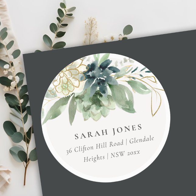 Elegant Dusky Blue Green Succulent Foliage Address Classic Round Sticker (Creator Uploaded)