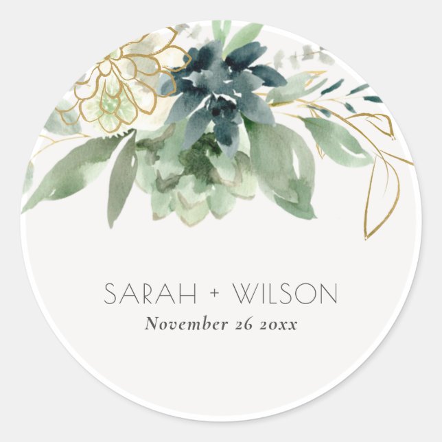 Elegant Dusky Blue Green Succulent Foliage Wedding Classic Round Sticker (Front)