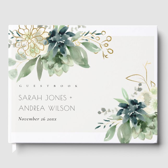 Elegant Dusky Blue Green Succulent Foliage Wedding Guest Book (Front)