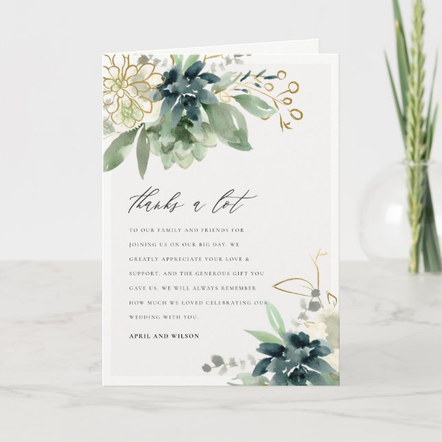 Elegant Dusky Blue Green Succulent Foliage Wedding Thank You Card (Front)