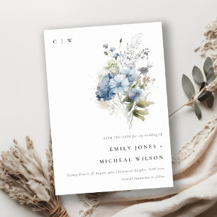 Elegant Dusky Blue Watercolor Cottage Floral Save The Date