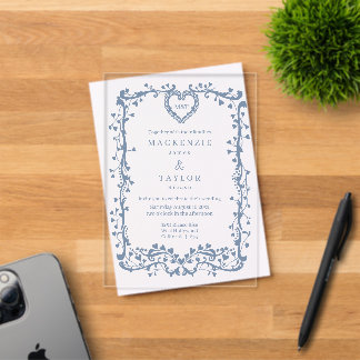 Elegant Dusky Blue Wedding French Frame Heart Acrylic Invitations