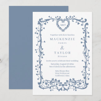 Elegant Dusky Blue Wedding French Frame Heart Invitation