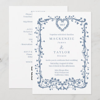 Elegant Dusky Blue Wedding French Frame Heart Invitation
