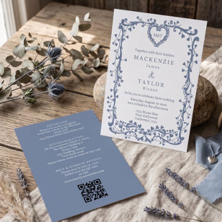 Elegant Dusky Blue Wedding French Frame Heart Invitation