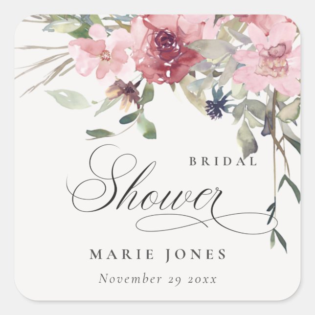 Elegant Dusky Blush Rose Floral Bridal Shower Square Sticker (Front)