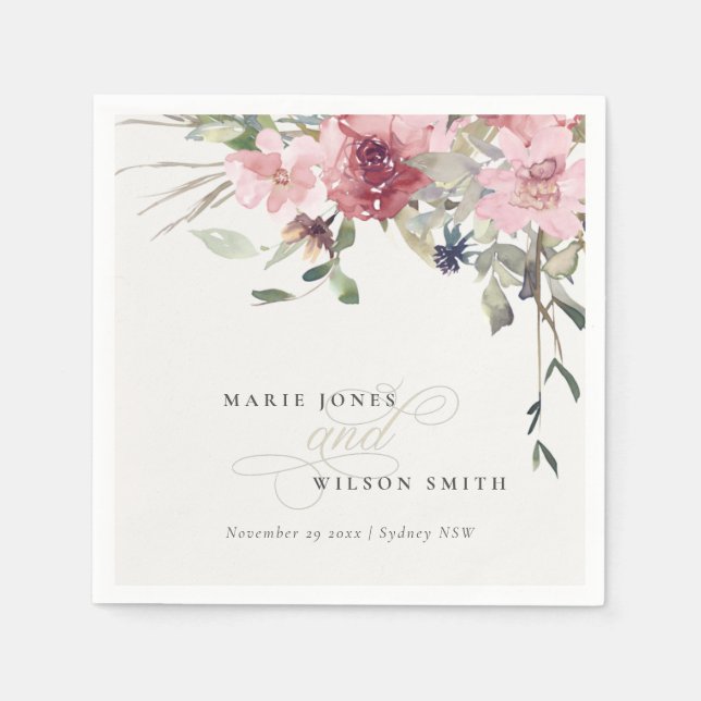 Elegant Dusky Blush Rose Wildflower Floral Wedding Napkin (Front)