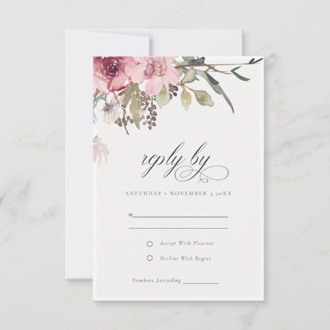 Elegant Dusky Blush Rose Wildflower Floral Wedding RSVP Card (Front)