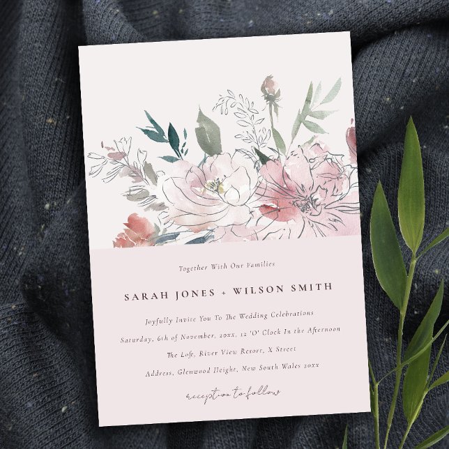 Elegant Dusky Blush Watercolor Floral Wedding Invitation (Creator Uploaded)