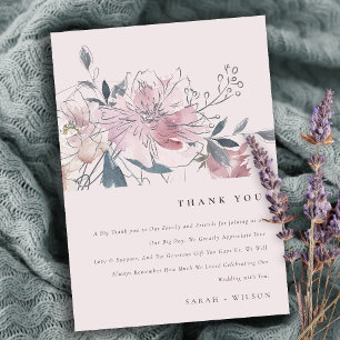 Elegant Dusky Blush Watercolor Floral Wedding Thank You Card