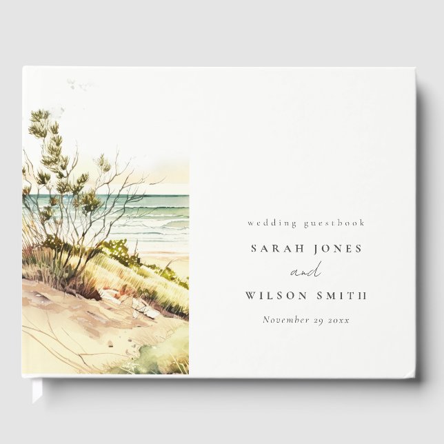 Elegant Dusky Coastal Beach Sun Seascape Wedding Guest Book (Front)