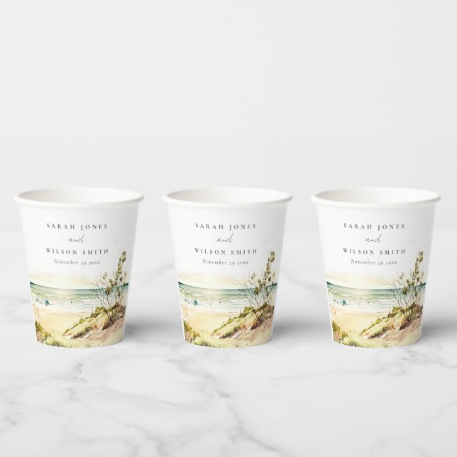 Elegant Dusky Coastal Beach Sun Seascape Wedding Paper Cups (Multi)