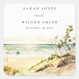 Elegant Dusky Coastal Beach Sun Seascape Wedding Square Sticker