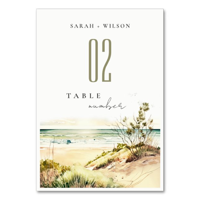 Elegant Dusky Coastal Beach Sun Seascape Wedding Table Number (Front)