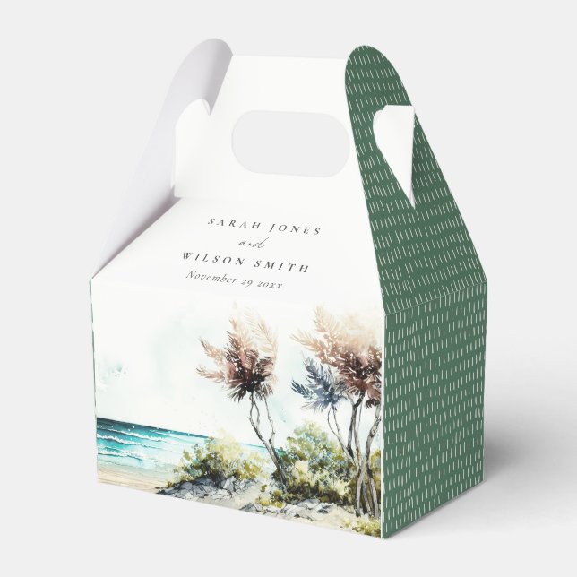 Elegant Dusky Coastal Palm Beach Seascape Wedding Favour Box (Front Side)