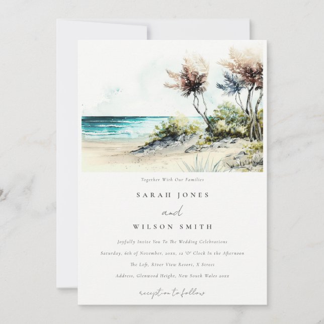 Elegant Dusky Coastal Palm Beach Seascape Wedding Invitation (Front)