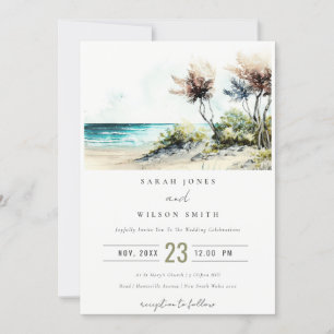 Elegant Dusky Coastal Palm Beach Seascape Wedding Invitation