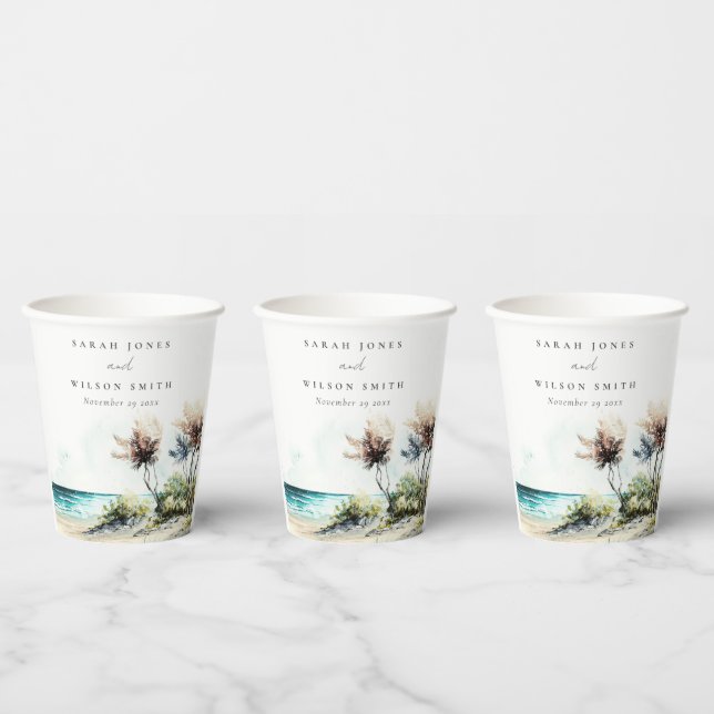 Elegant Dusky Coastal Palm Beach Seascape Wedding Paper Cups (Multi)