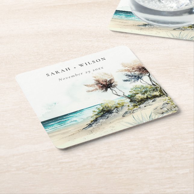 Elegant Dusky Coastal Palm Beach Seascape Wedding Square Paper Coaster (Angled)