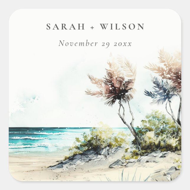 Elegant Dusky Coastal Palm Beach Seascape Wedding Square Sticker (Front)