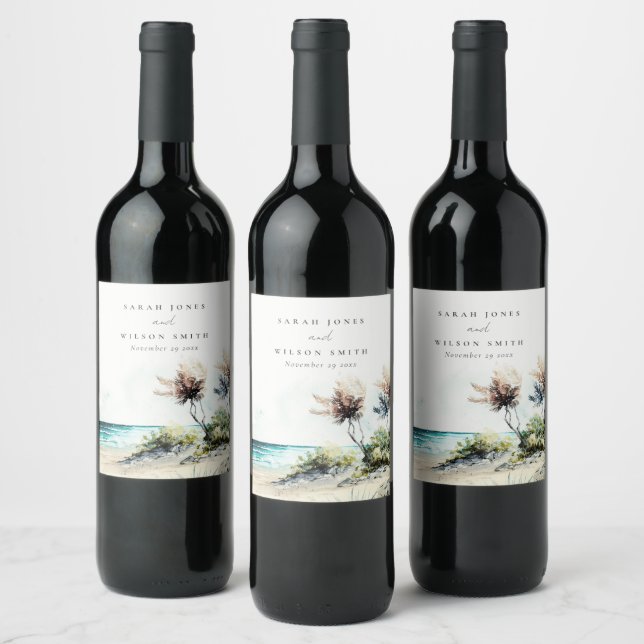 Elegant Dusky Coastal Palm Beach Seascape Wedding Wine Label (Bottles)
