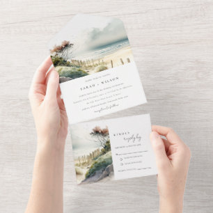 Elegant Dusky Coastal Sand Beach Seascape Wedding All In One Invitation