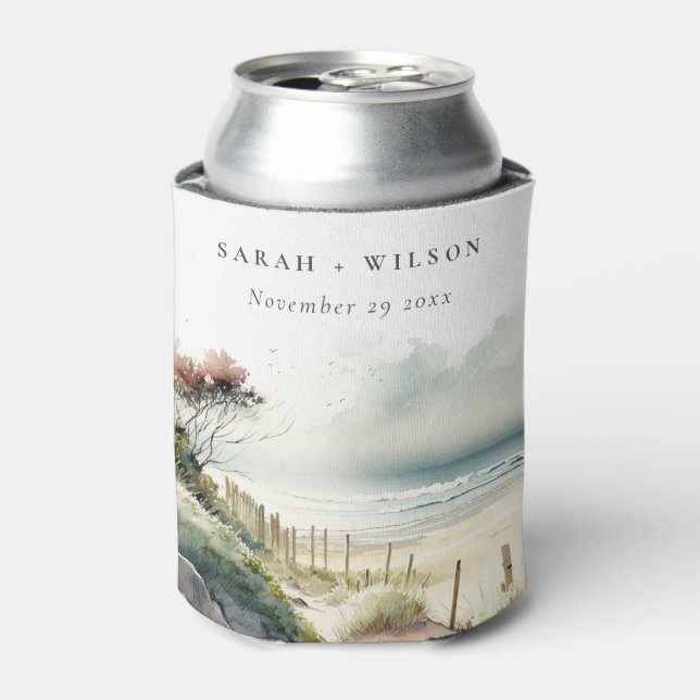 Elegant Dusky Coastal Sand Beach Seascape Wedding Can Cooler (Can Front)