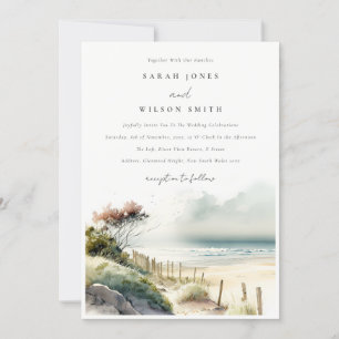 Elegant Dusky Coastal Sand Beach Seascape Wedding Invitation