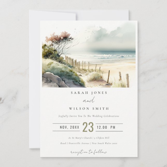 Elegant Dusky Coastal Sand Beach Seascape Wedding Invitation (Front)