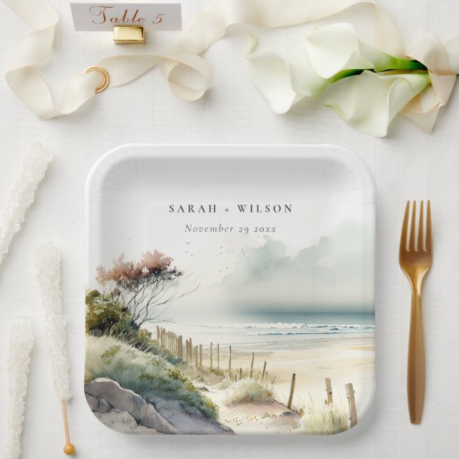 Elegant Dusky Coastal Sand Beach Seascape Wedding Paper Plate (Wedding)