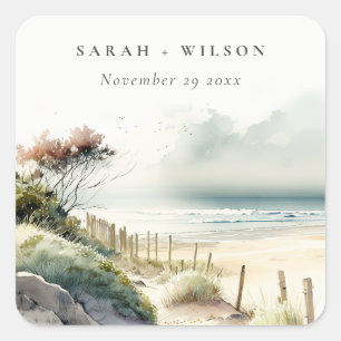 Elegant Dusky Coastal Sand Beach Seascape Wedding Square Sticker