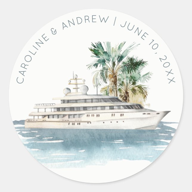 Elegant Dusky Cruise Ship Palm Seascape Wedding Classic Round Sticker (Front)
