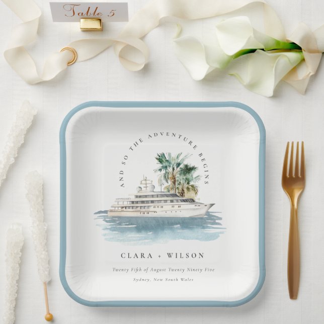 Elegant Dusky Cruise Ship Palm Seascape Wedding  Paper Plate (Wedding)