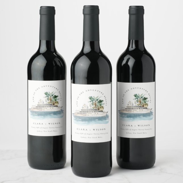 Elegant Dusky Cruise Ship Palm Seascape Wedding  Wine Label (Bottles)