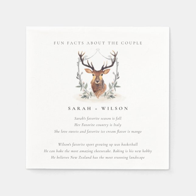 Elegant Dusky Deer Floral Crest Fun Facts Wedding Napkin (Front)