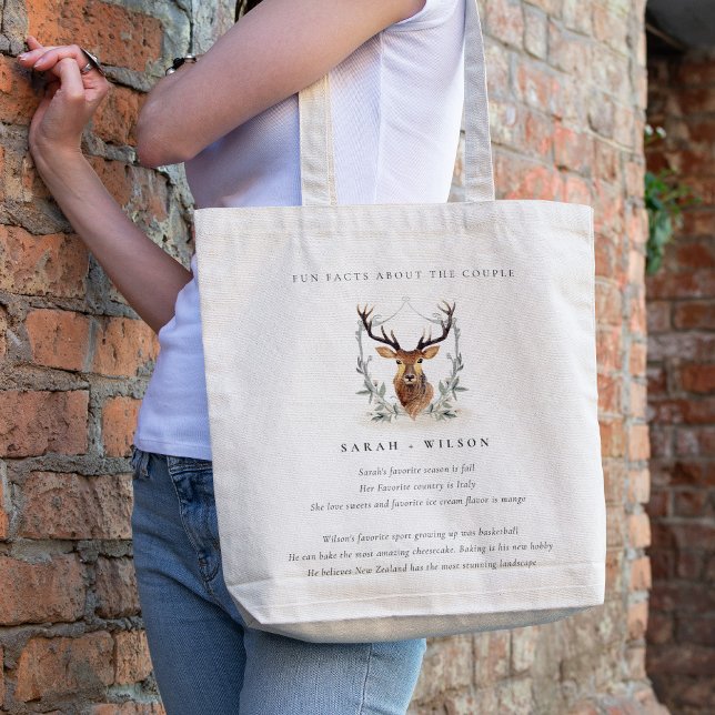 Elegant Dusky Deer Floral Crest Fun Facts Wedding Tote Bag (Creator Uploaded)