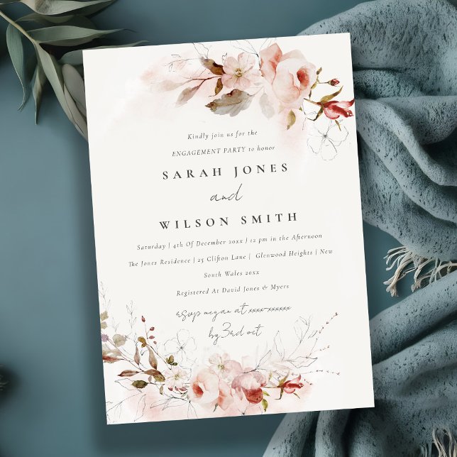 Elegant Dusky Fall Marsala Blush Floral Engagement Invitation (Creator Uploaded)