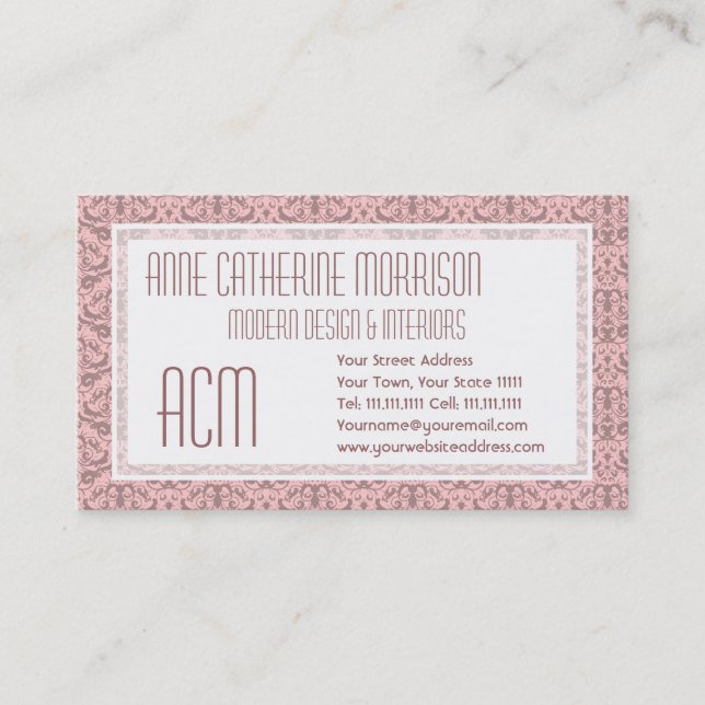 Elegant Dusky Rose Pink Damask Feminine Business Card (Front)