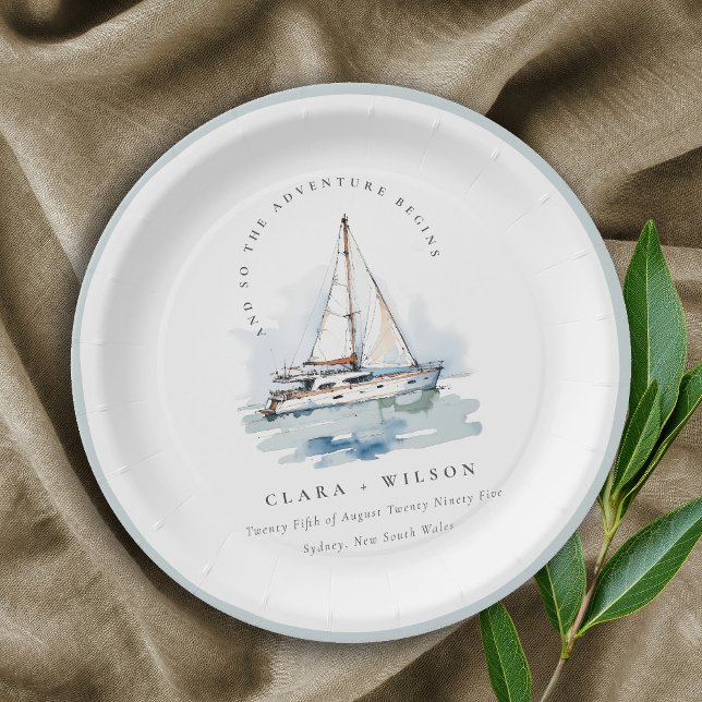 Elegant Dusky Sailboat Yacht Seascape Wedding  Paper Plate (Creator Uploaded)