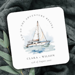 Elegant Dusky Sailboat Yacht Seascape Wedding  Square Paper Coaster