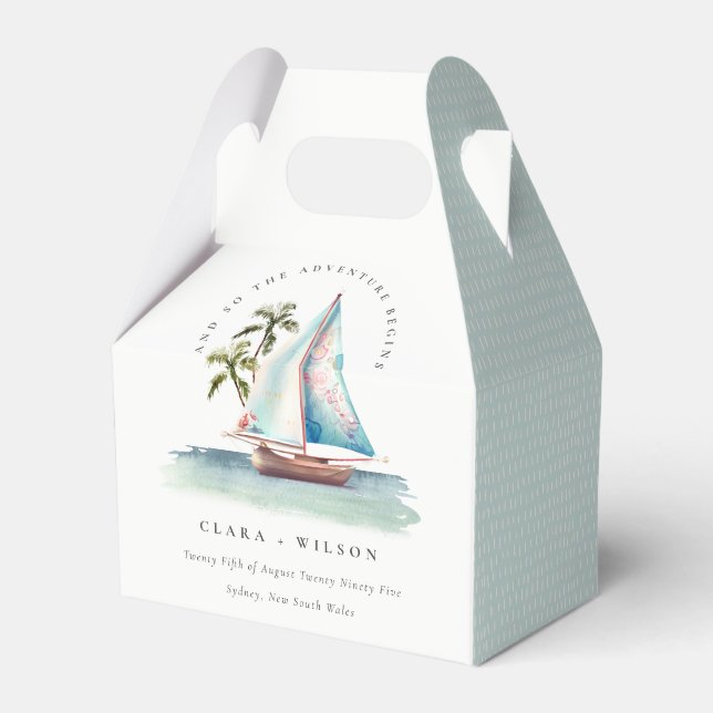 Elegant Dusky Teal Sailboat Palm Seascape Wedding  Favour Box (Front Side)