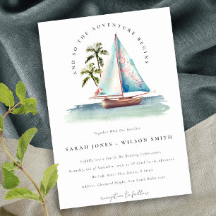 Elegant Dusky Teal Sailboat Palm Seascape Wedding Invitation